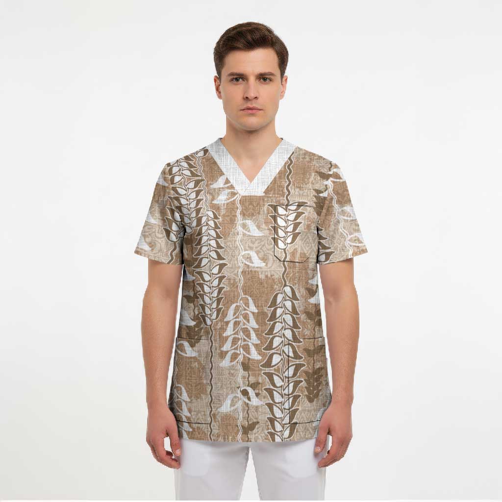 Beige Hawaii Tapa Pattern Scrub Top With Heliconia Vintage Style LT05 - Polynesian Pride
