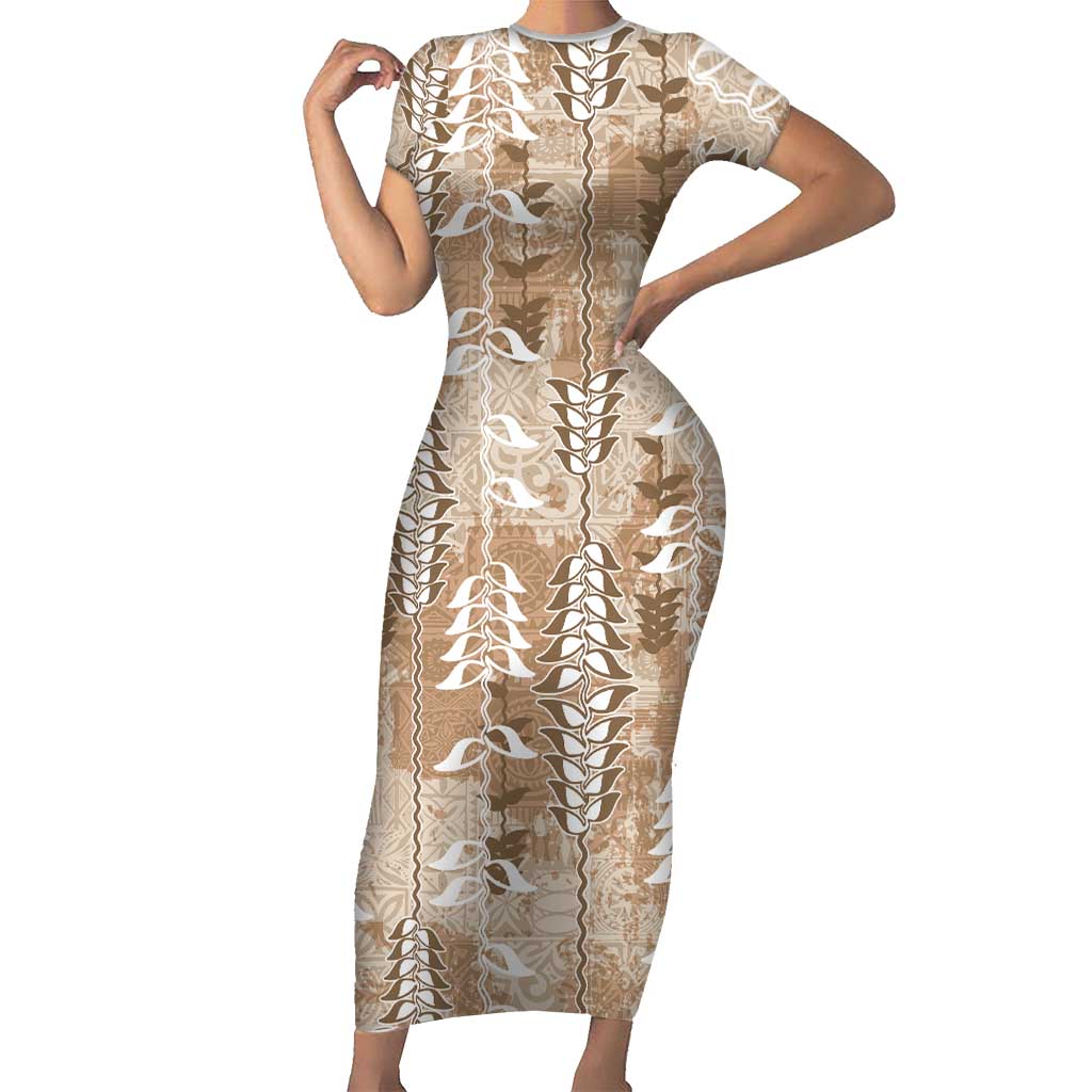 Beige Hawaii Tapa Pattern Short Sleeve Bodycon Dress With Heliconia Vintage Style