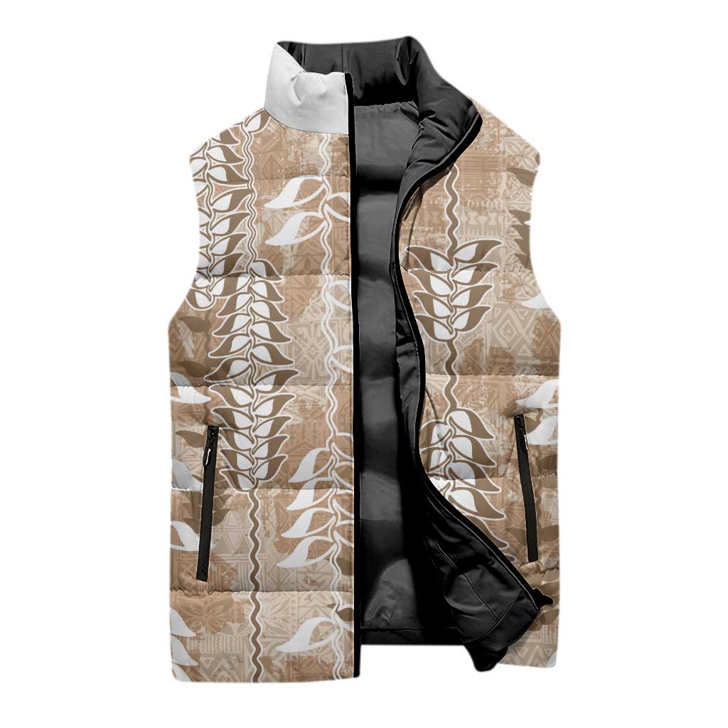 Beige Hawaii Tapa Pattern Sleeveless Puffer Jacket With Heliconia Vintage Style LT05 - Polynesian Pride