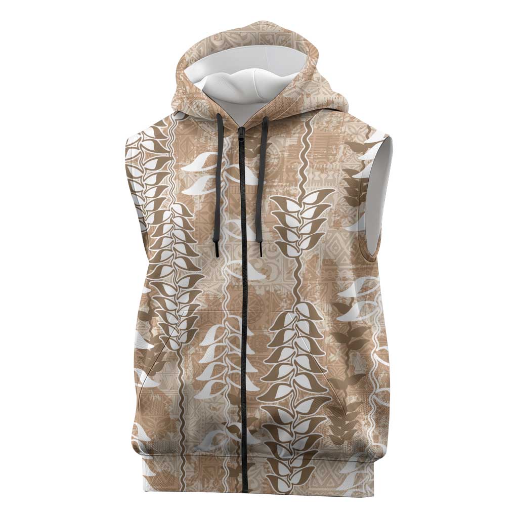 Beige Hawaii Tapa Pattern Sleeveless Zip Hoodie With Heliconia Vintage Style LT05 Beige - Polynesian Pride