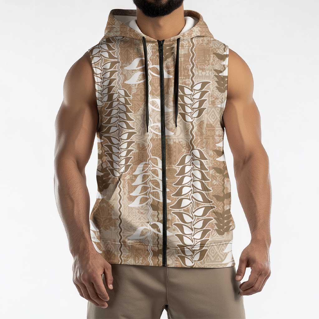 Beige Hawaii Tapa Pattern Sleeveless Zip Hoodie With Heliconia Vintage Style LT05 - Polynesian Pride