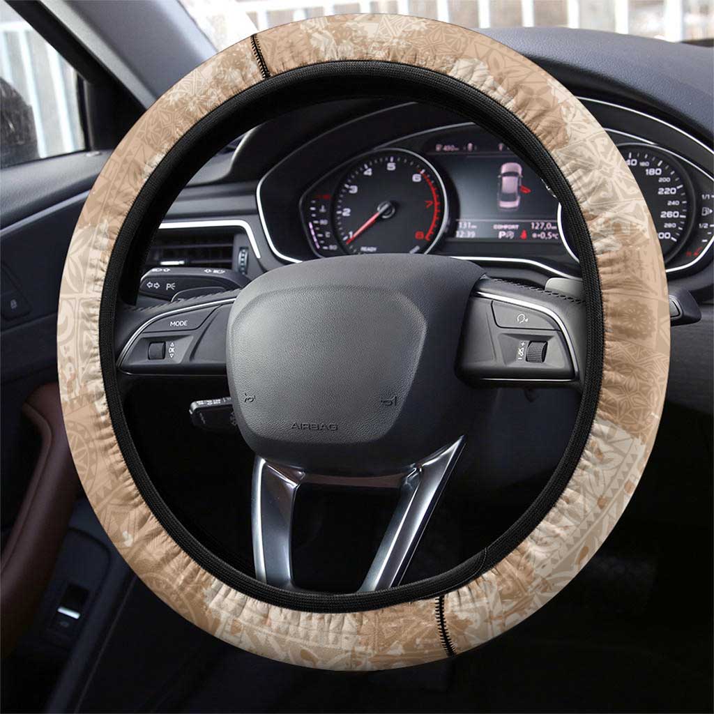 Beige Hawaii Tapa Pattern Steering Wheel Cover With Heliconia Vintage Style LT05 - Polynesian Pride