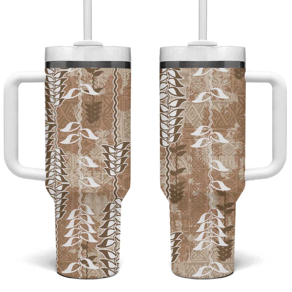 Beige Hawaii Tapa Pattern Tumbler With Handle With Heliconia Vintage Style LT05 One Size: 40 oz Beige - Polynesian Pride