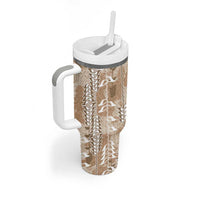 Beige Hawaii Tapa Pattern Tumbler With Handle With Heliconia Vintage Style LT05 - Polynesian Pride