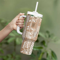 Beige Hawaii Tapa Pattern Tumbler With Handle With Heliconia Vintage Style LT05 - Polynesian Pride