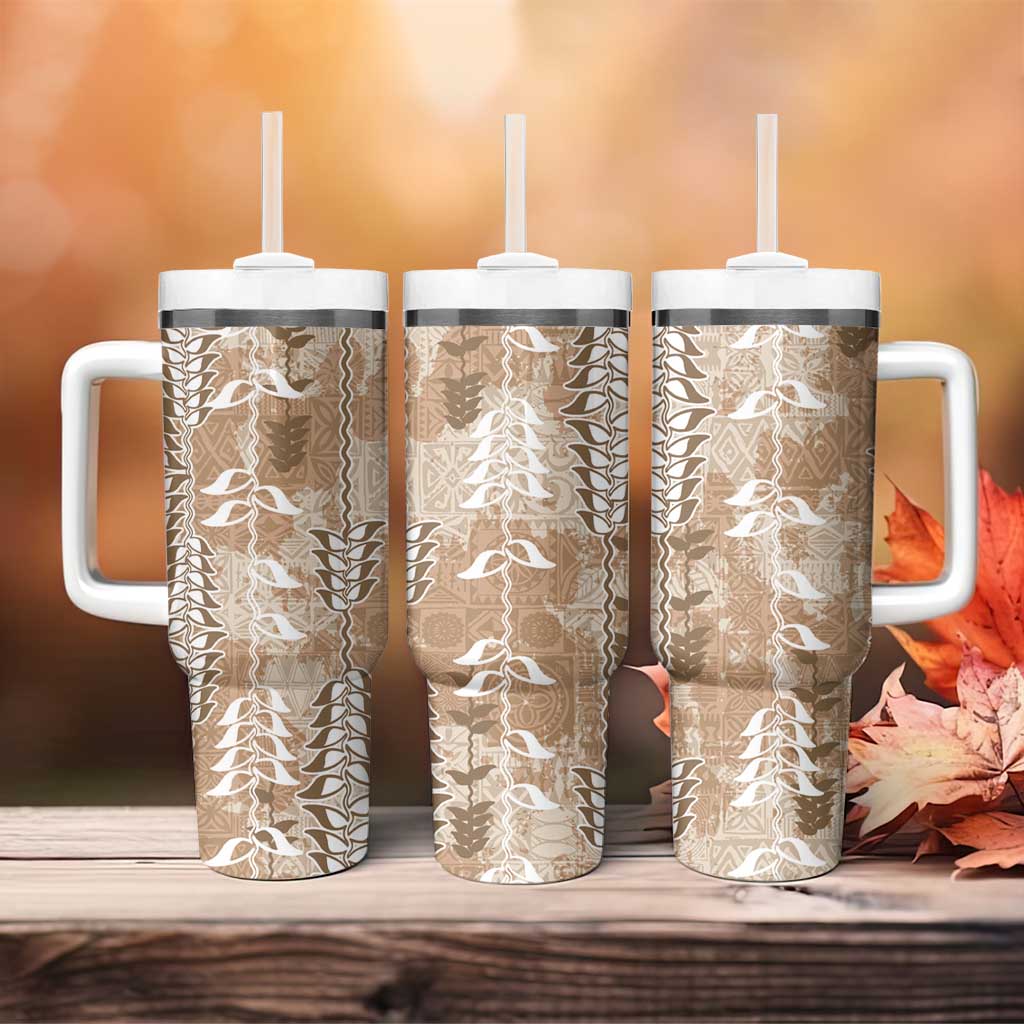 Beige Hawaii Tapa Pattern Tumbler With Handle With Heliconia Vintage Style LT05 - Polynesian Pride