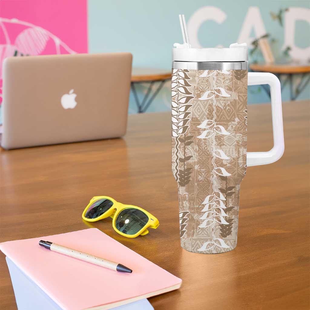 Beige Hawaii Tapa Pattern Tumbler With Handle With Heliconia Vintage Style LT05 - Polynesian Pride