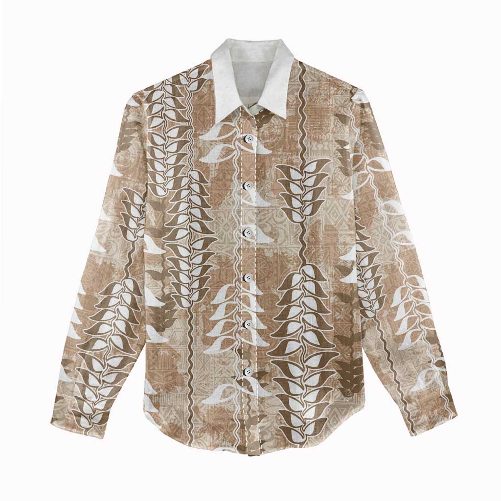 Beige Hawaii Tapa Pattern Women Casual Shirt With Heliconia Vintage Style LT05 - Polynesian Pride