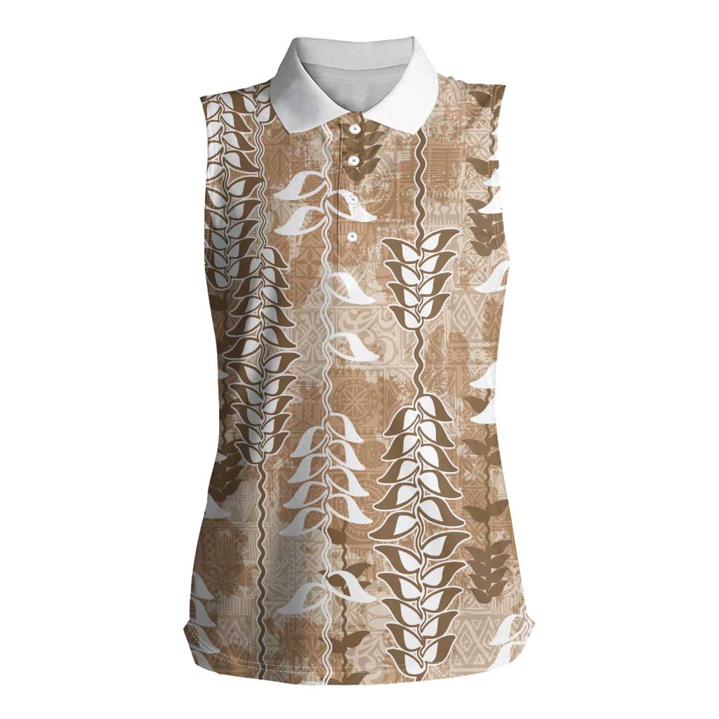Beige Hawaii Tapa Pattern Women Sleeveless Polo Shirt With Heliconia Vintage Style