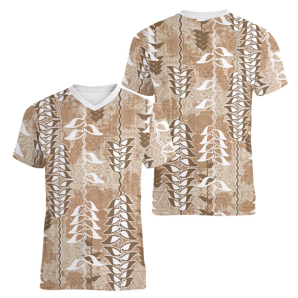 Beige Hawaii Tapa Pattern Women V-Neck T-Shirt With Heliconia Vintage Style LT05 - Polynesian Pride