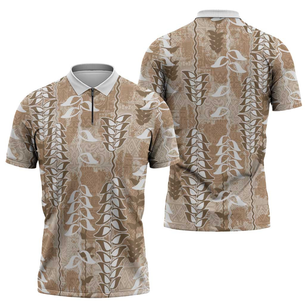 Beige Hawaii Tapa Pattern Zipper Polo Shirt With Heliconia Vintage Style LT05 - Polynesian Pride