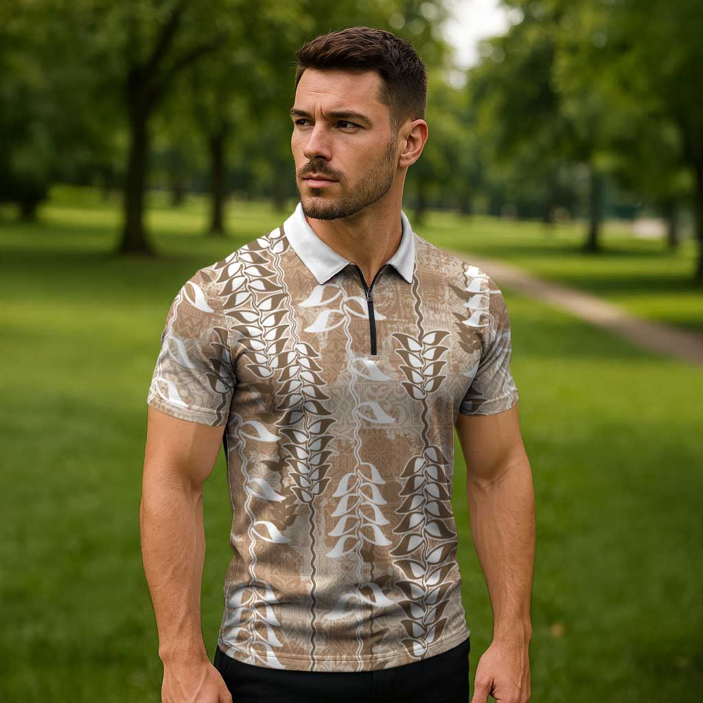 Beige Hawaii Tapa Pattern Zipper Polo Shirt With Heliconia Vintage Style LT05 - Polynesian Pride
