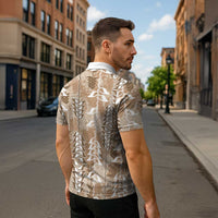 Beige Hawaii Tapa Pattern Zipper Polo Shirt With Heliconia Vintage Style LT05 - Polynesian Pride