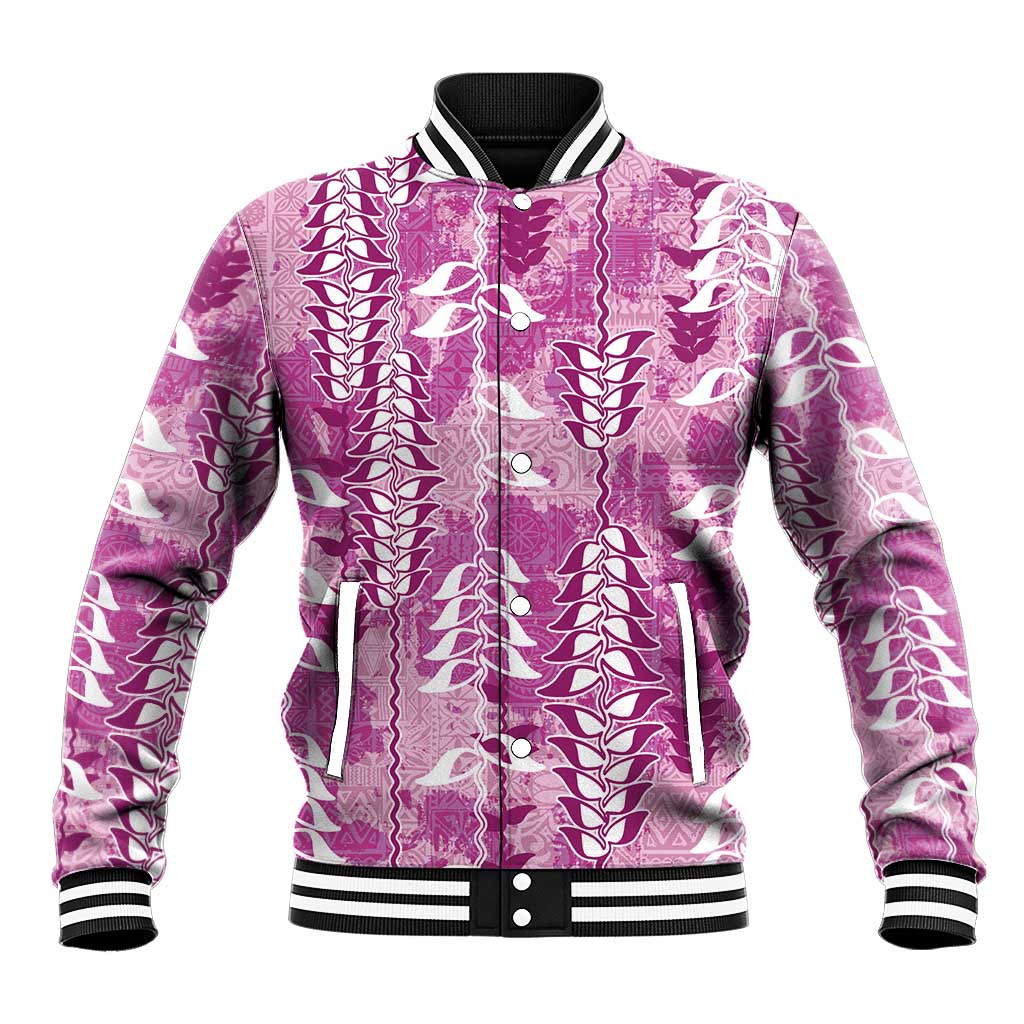 Magenta Hawaii Tapa Pattern Baseball Jacket With Heliconia Vintage Style LT05 Unisex Magenta - Polynesian Pride