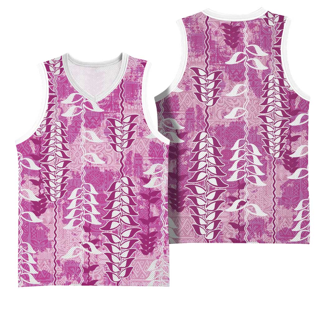Magenta Hawaii Tapa Pattern Basketball Jersey With Heliconia Vintage Style LT05 - Polynesian Pride