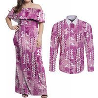 Magenta Hawaii Tapa Pattern Couples Matching Off Shoulder Maxi Dress and Long Sleeve Button Shirt With Heliconia Vintage Style LT05 Magenta - Polynesian Pride