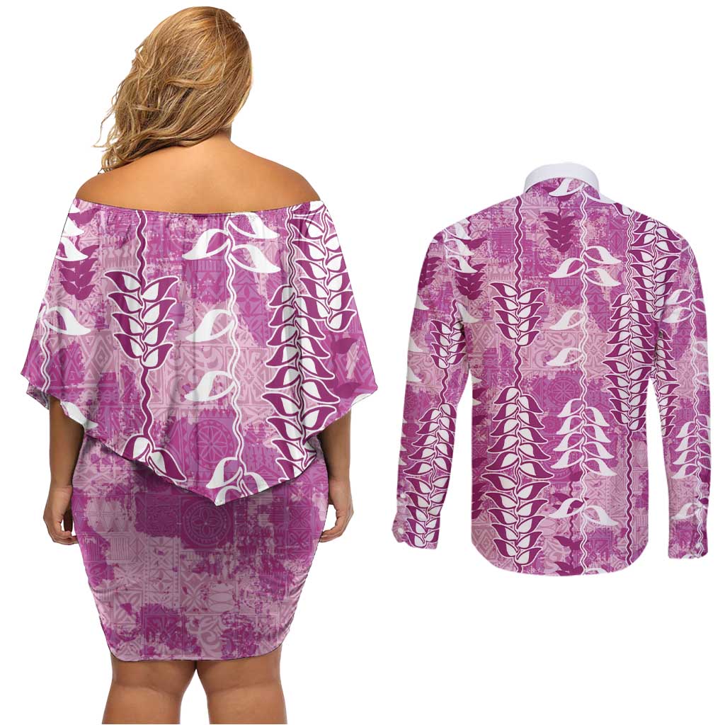 Magenta Hawaii Tapa Pattern Couples Matching Off Shoulder Short Dress and Long Sleeve Button Shirt With Heliconia Vintage Style LT05 - Polynesian Pride