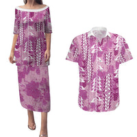 Magenta Hawaii Tapa Pattern Couples Matching Puletasi and Hawaiian Shirt With Heliconia Vintage Style LT05 Magenta - Polynesian Pride