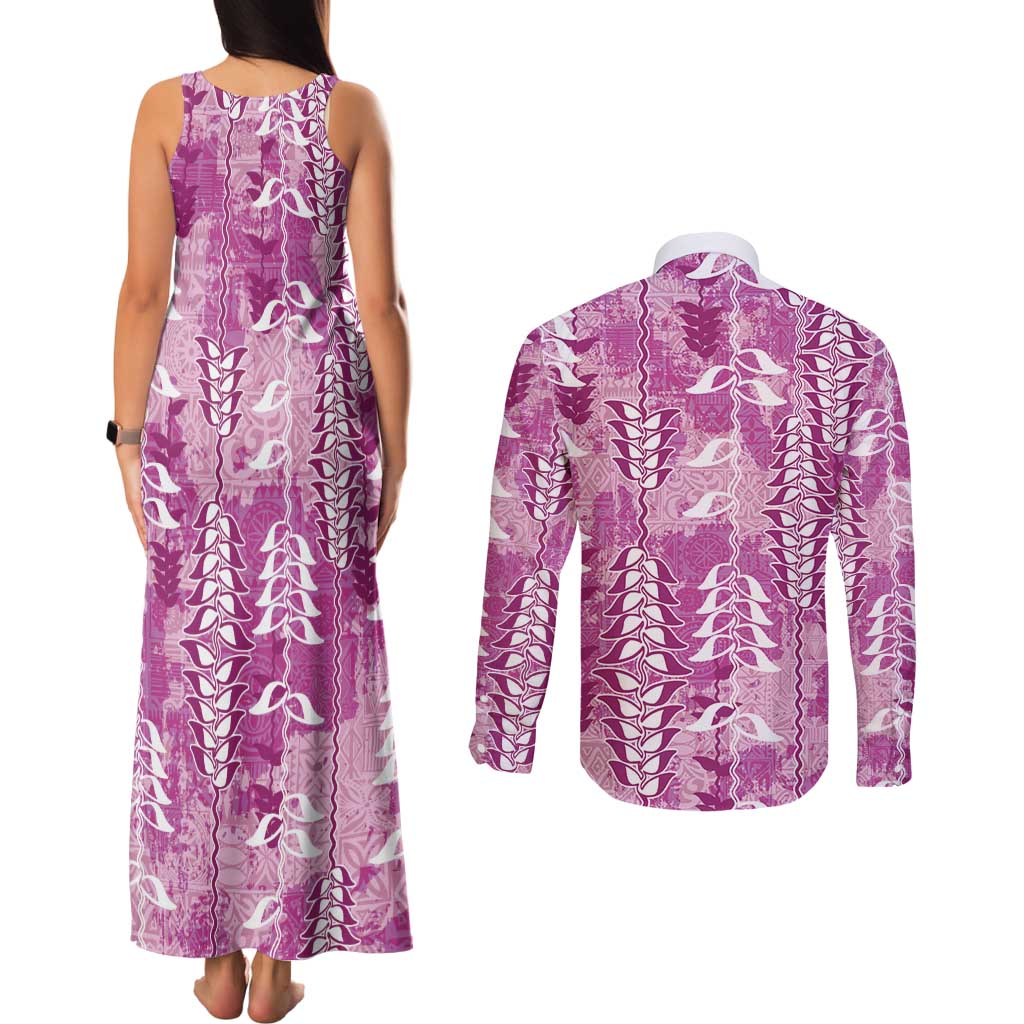 Magenta Hawaii Tapa Pattern Couples Matching Tank Maxi Dress and Long Sleeve Button Shirt With Heliconia Vintage Style LT05 - Polynesian Pride