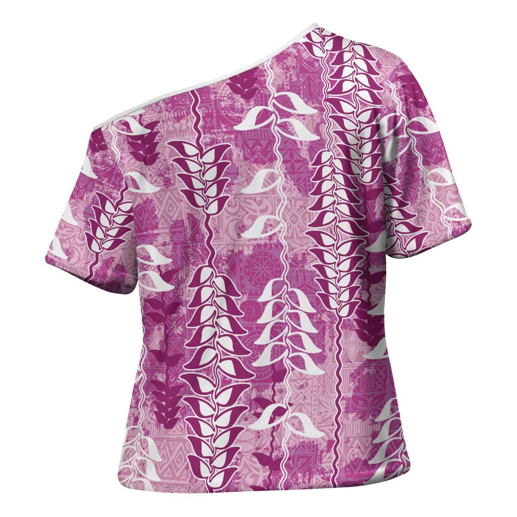 Magenta Hawaii Tapa Pattern Cross Shoulder Shirt With Heliconia Vintage Style LT05 - Polynesian Pride