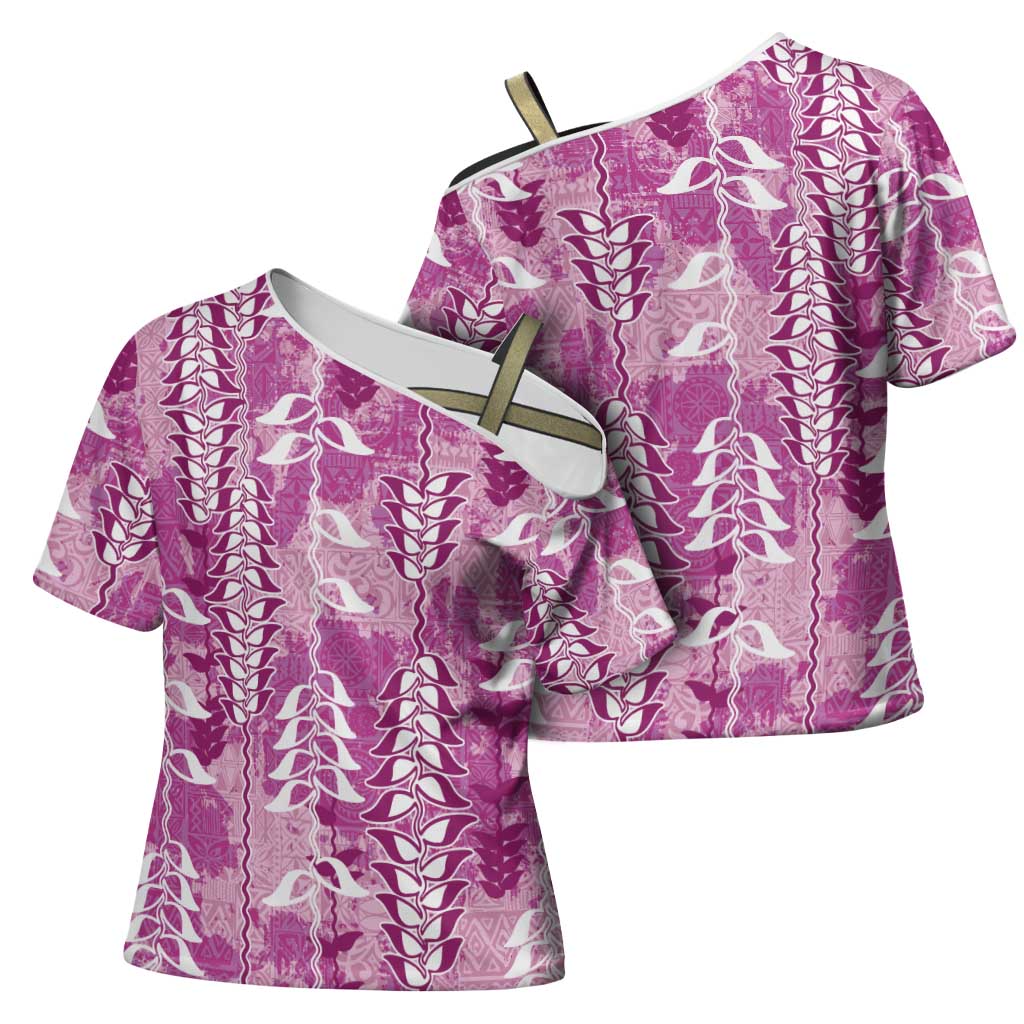 Magenta Hawaii Tapa Pattern Cross Shoulder Shirt With Heliconia Vintage Style LT05 - Polynesian Pride