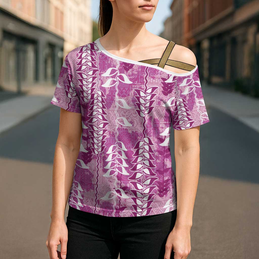 Magenta Hawaii Tapa Pattern Cross Shoulder Shirt With Heliconia Vintage Style LT05 - Polynesian Pride