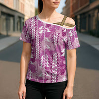 Magenta Hawaii Tapa Pattern Cross Shoulder Shirt With Heliconia Vintage Style LT05 - Polynesian Pride