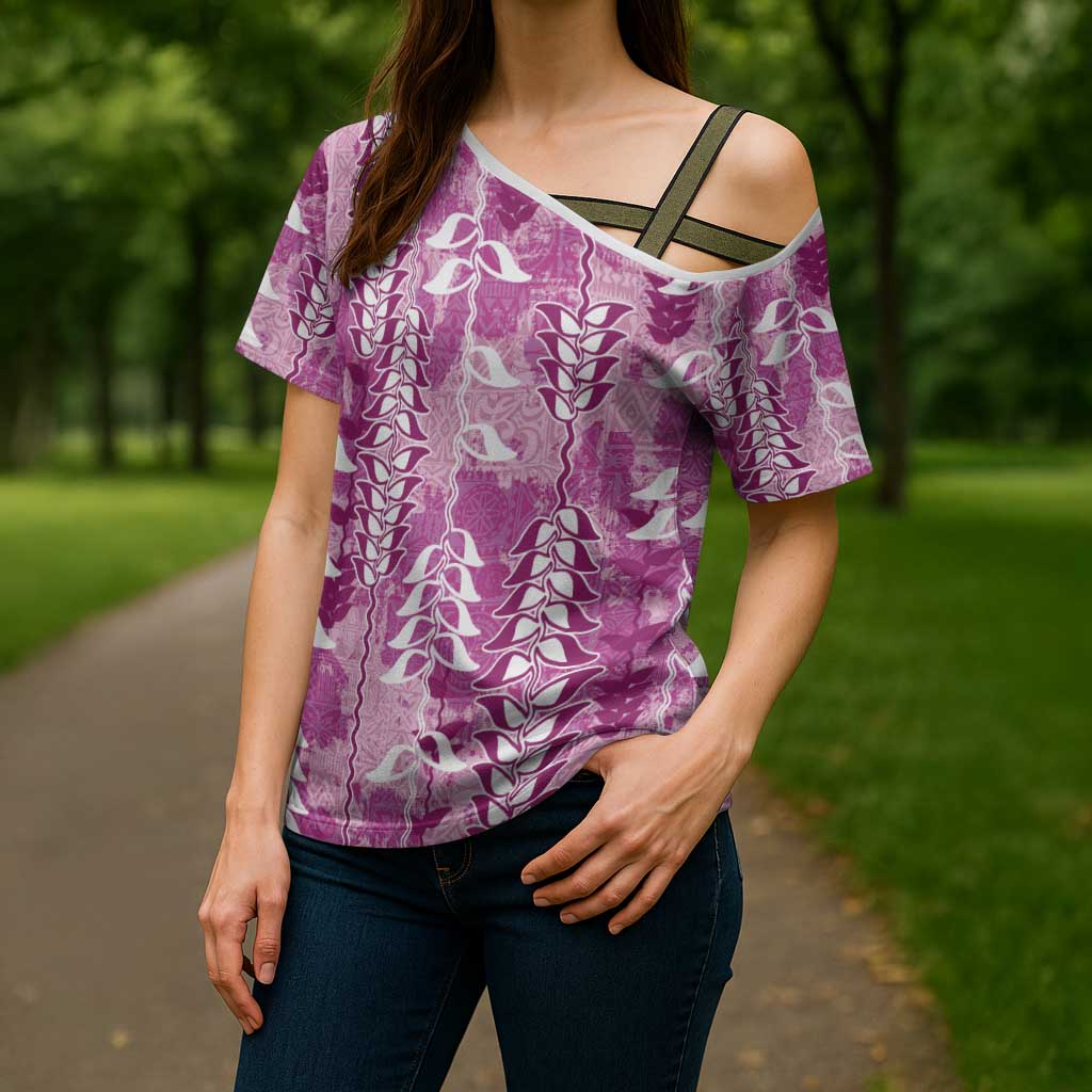 Magenta Hawaii Tapa Pattern Cross Shoulder Shirt With Heliconia Vintage Style LT05 - Polynesian Pride