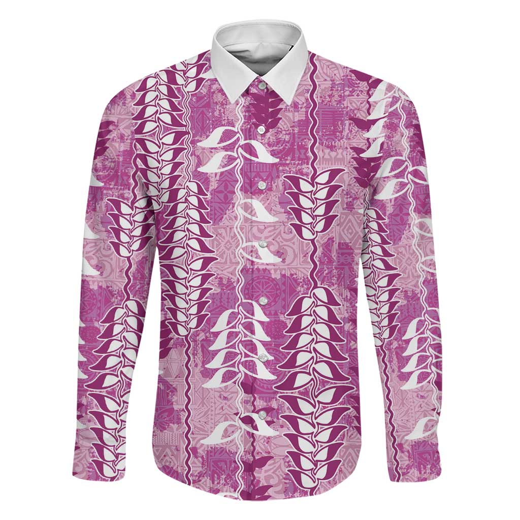 Magenta Hawaii Tapa Pattern Family Matching Puletasi and Hawaiian Shirt With Heliconia Vintage Style LT05 Dad's Shirt - Long Sleeve Magenta - Polynesian Pride
