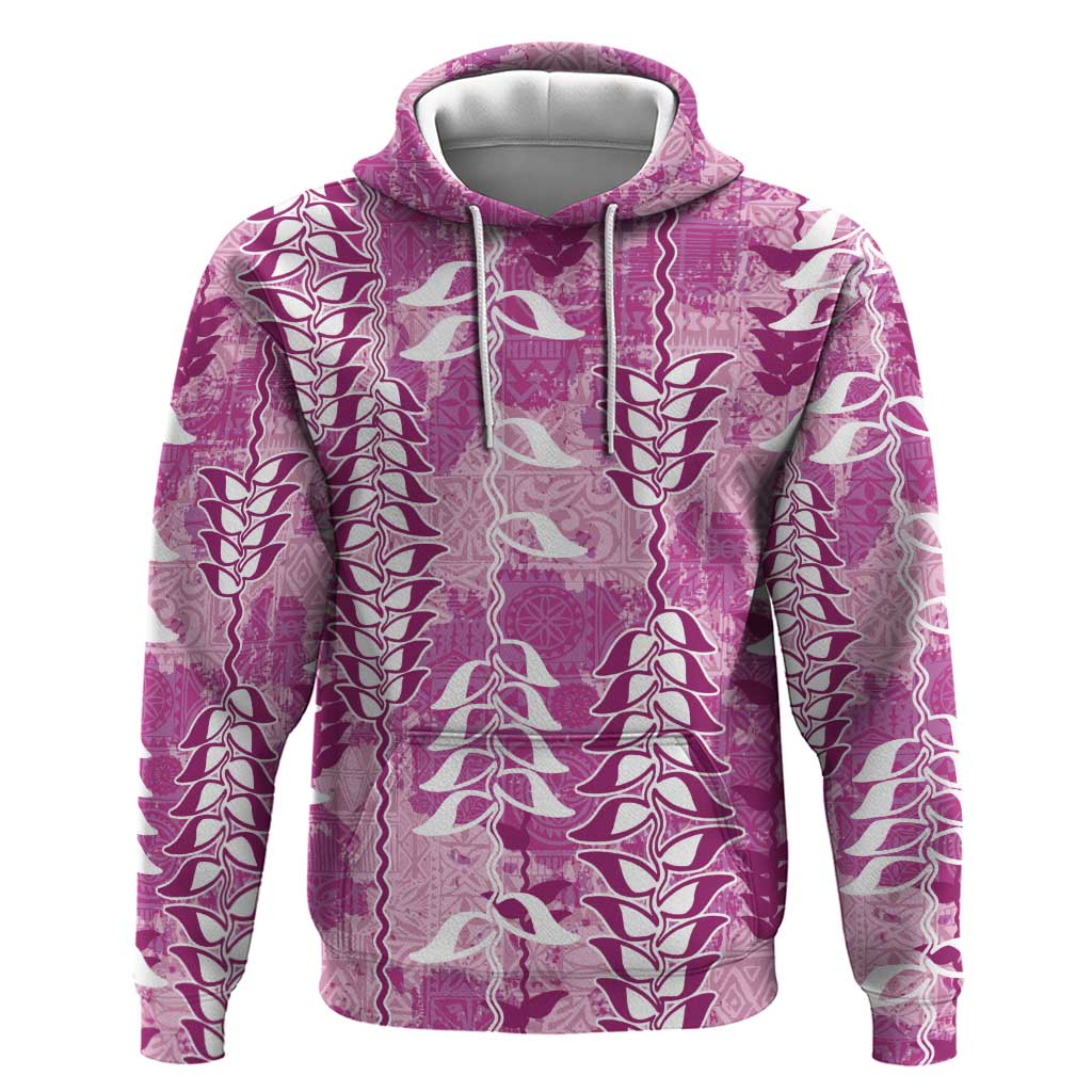Magenta Hawaii Tapa Pattern Hoodie With Heliconia Vintage Style
