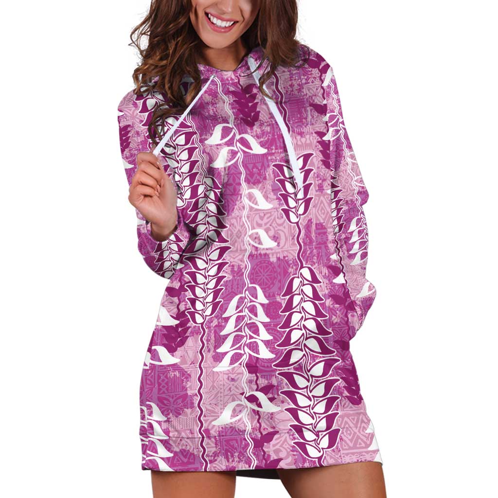 Magenta Hawaii Tapa Pattern Hoodie Dress With Heliconia Vintage Style LT05 Magenta - Polynesian Pride
