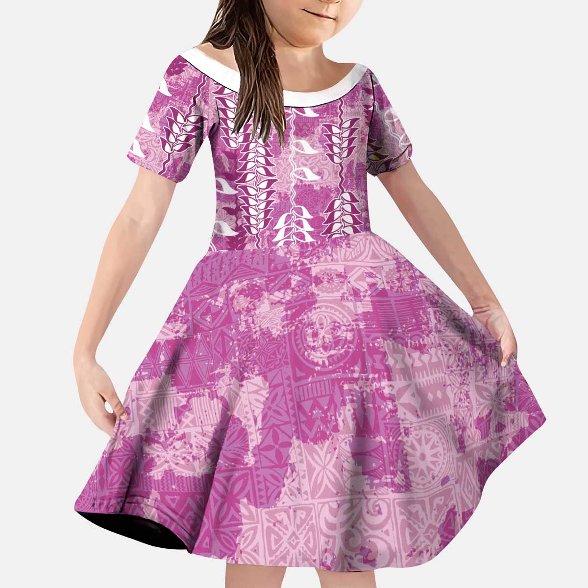 Magenta Hawaii Tapa Pattern Kid Short Sleeve Dress With Heliconia Vintage Style LT05 KID Magenta - Polynesian Pride