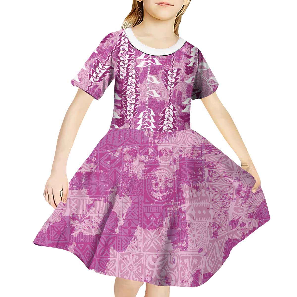 Magenta Hawaii Tapa Pattern Kid Short Sleeve Dress With Heliconia Vintage Style LT05 - Polynesian Pride