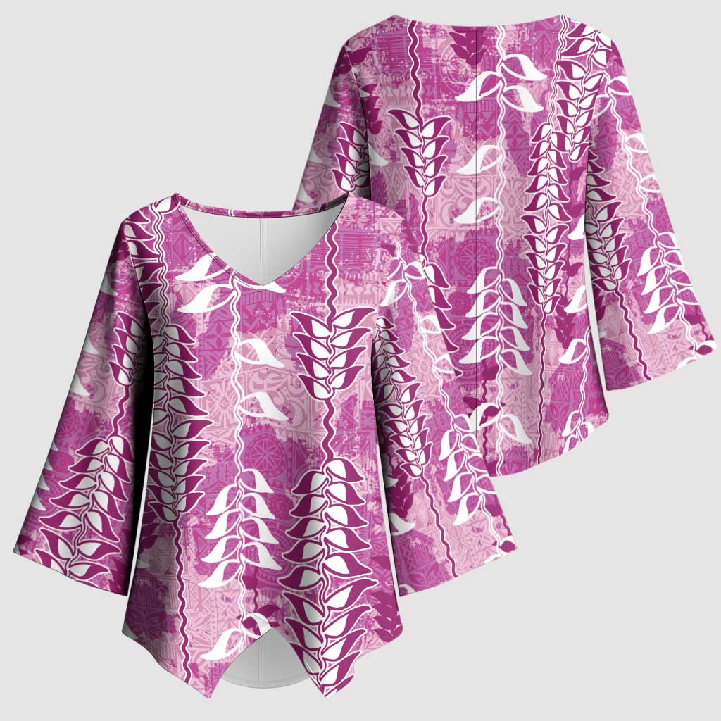 Magenta Hawaii Tapa Pattern Kimono Sleeve Blouse With Heliconia Vintage Style LT05 - Polynesian Pride