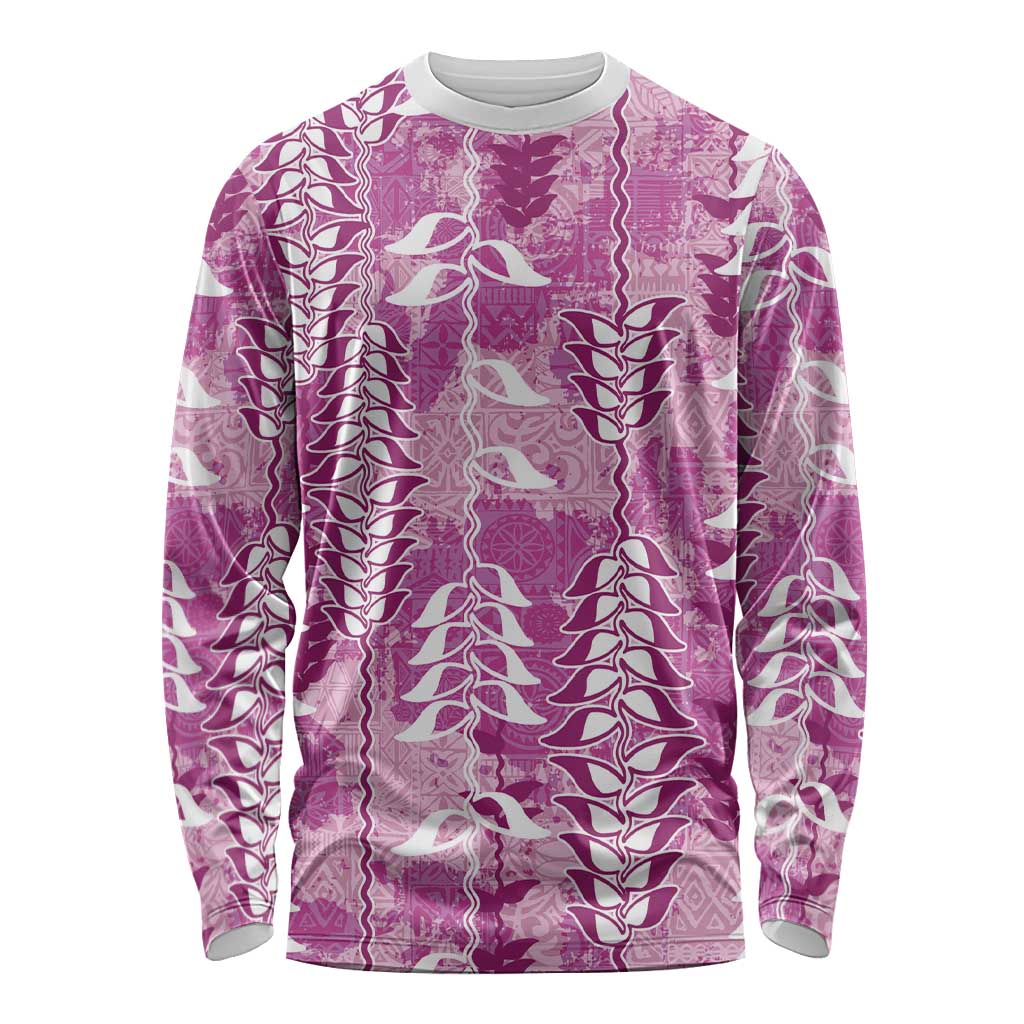 Magenta Hawaii Tapa Pattern Long Sleeve Shirt With Heliconia Vintage Style LT05 Unisex Magenta - Polynesian Pride