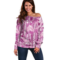 Magenta Hawaii Tapa Pattern Off Shoulder Sweater With Heliconia Vintage Style LT05 Women Magenta - Polynesian Pride