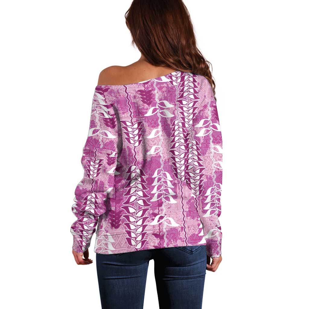 Magenta Hawaii Tapa Pattern Off Shoulder Sweater With Heliconia Vintage Style LT05 - Polynesian Pride