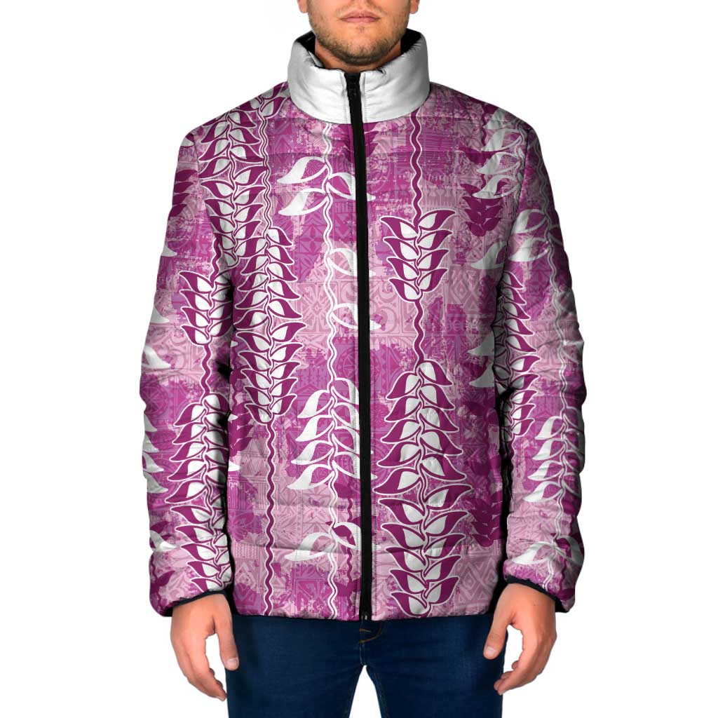 Magenta Hawaii Tapa Pattern Padded Jacket With Heliconia Vintage Style LT05 Men Magenta - Polynesian Pride