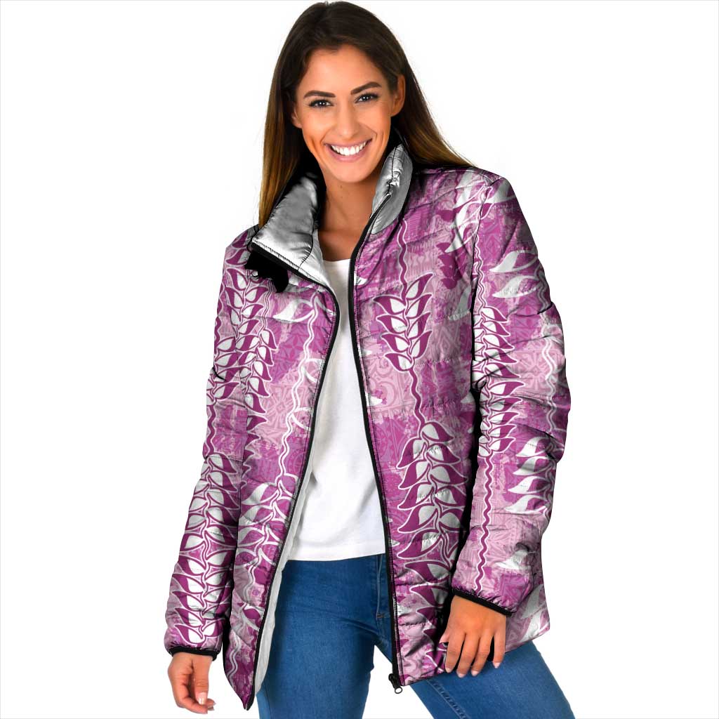 Magenta Hawaii Tapa Pattern Padded Jacket With Heliconia Vintage Style LT05 Women Magenta - Polynesian Pride