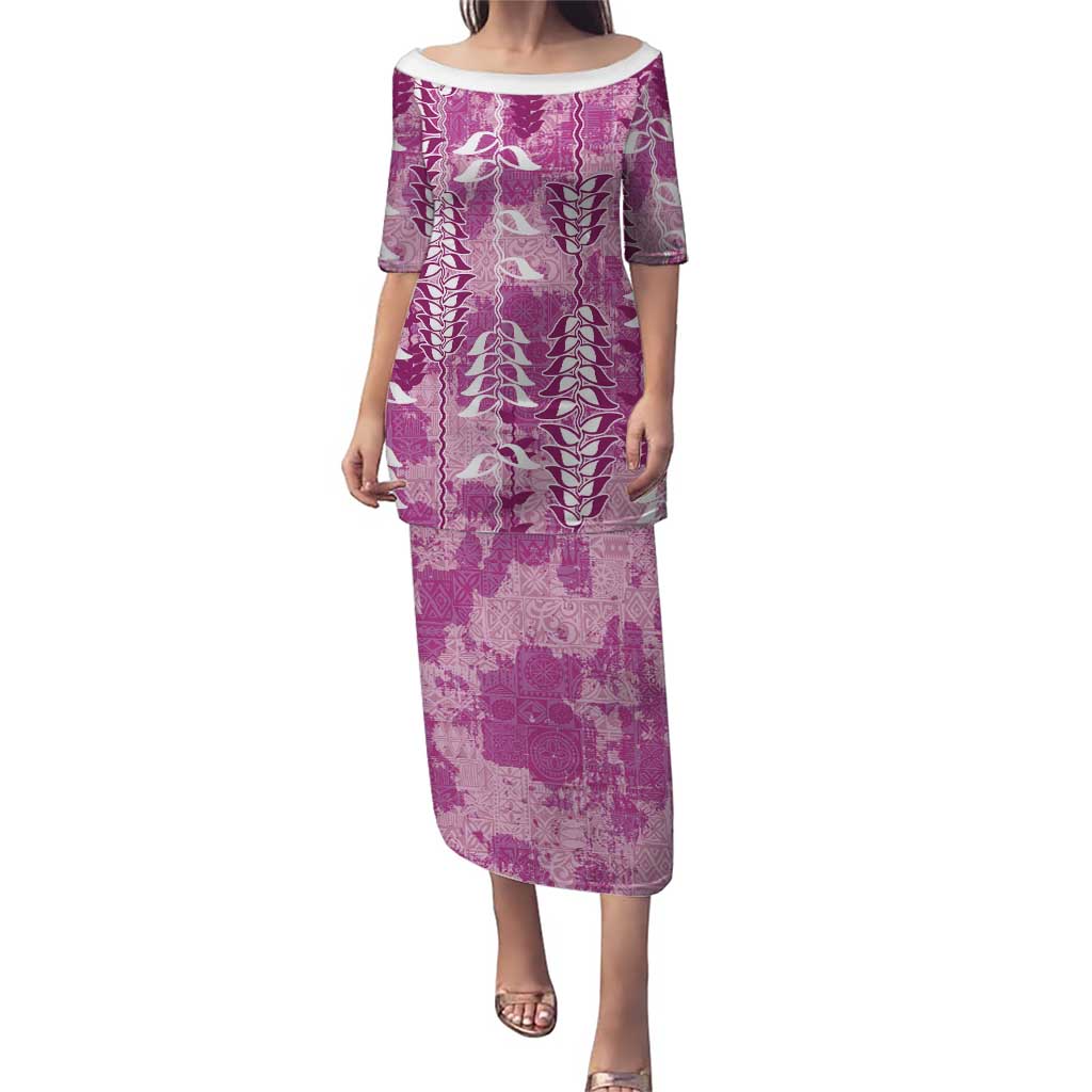 Magenta Hawaii Tapa Pattern Puletasi With Heliconia Vintage Style LT05 Long Dress Magenta - Polynesian Pride