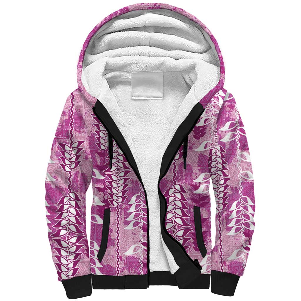 Magenta Hawaii Tapa Pattern Sherpa Hoodie With Heliconia Vintage Style
