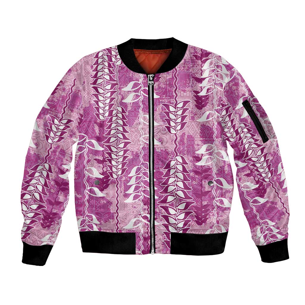Magenta Hawaii Tapa Pattern Sleeve Zip Bomber Jacket With Heliconia Vintage Style LT05 Unisex Magenta - Polynesian Pride