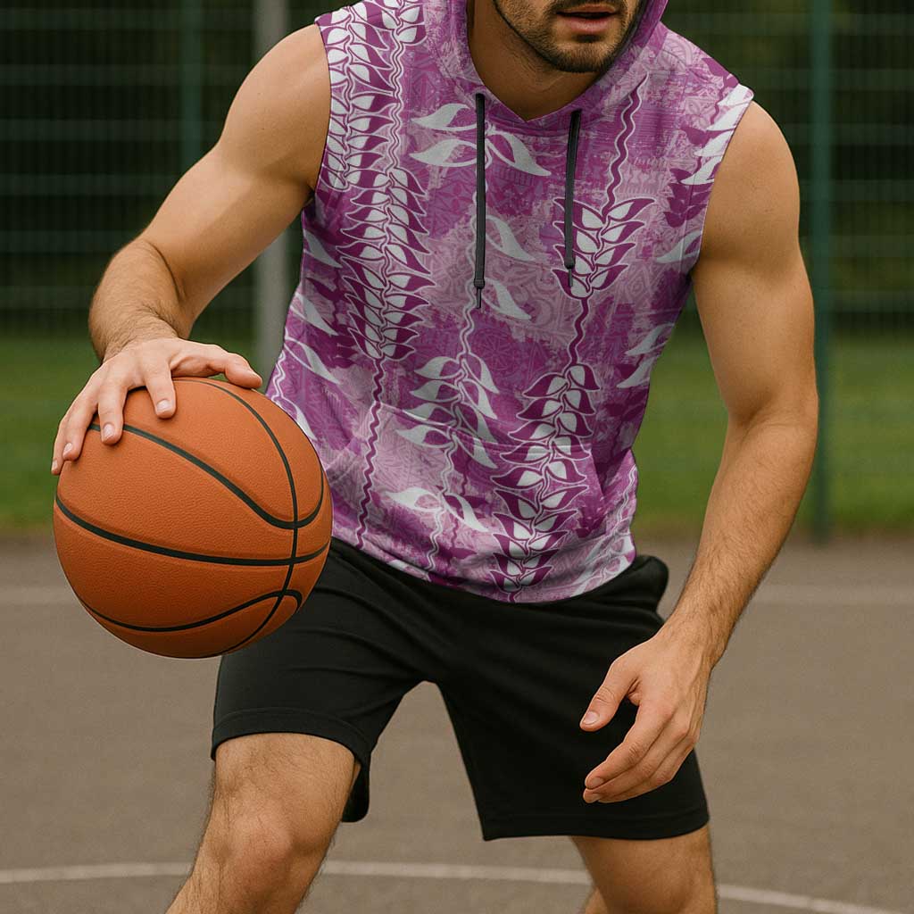 Magenta Hawaii Tapa Pattern Sleeveless Hoodie With Heliconia Vintage Style LT05 - Polynesian Pride