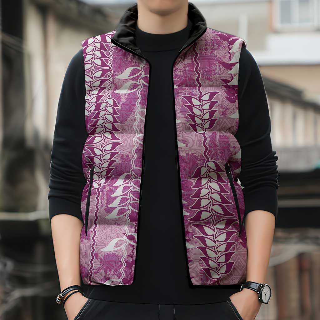 Magenta Hawaii Tapa Pattern Sleeveless Puffer Jacket With Heliconia Vintage Style LT05 - Polynesian Pride