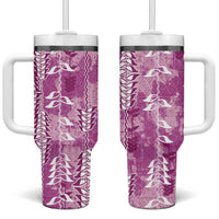 Magenta Hawaii Tapa Pattern Tumbler With Handle With Heliconia Vintage Style LT05 One Size: 40 oz Magenta - Polynesian Pride