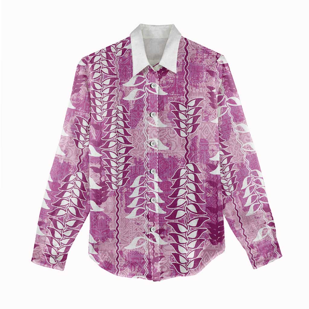 Magenta Hawaii Tapa Pattern Women Casual Shirt With Heliconia Vintage Style LT05 - Polynesian Pride