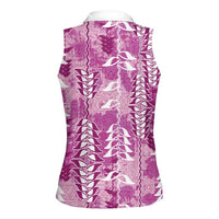Magenta Hawaii Tapa Pattern Women Sleeveless Polo Shirt With Heliconia Vintage Style LT05 - Polynesian Pride
