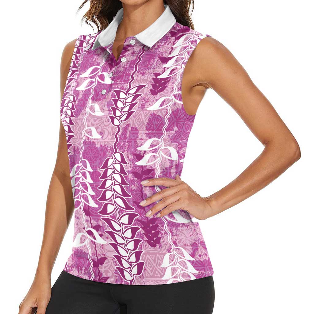 Magenta Hawaii Tapa Pattern Women Sleeveless Polo Shirt With Heliconia Vintage Style LT05 - Polynesian Pride