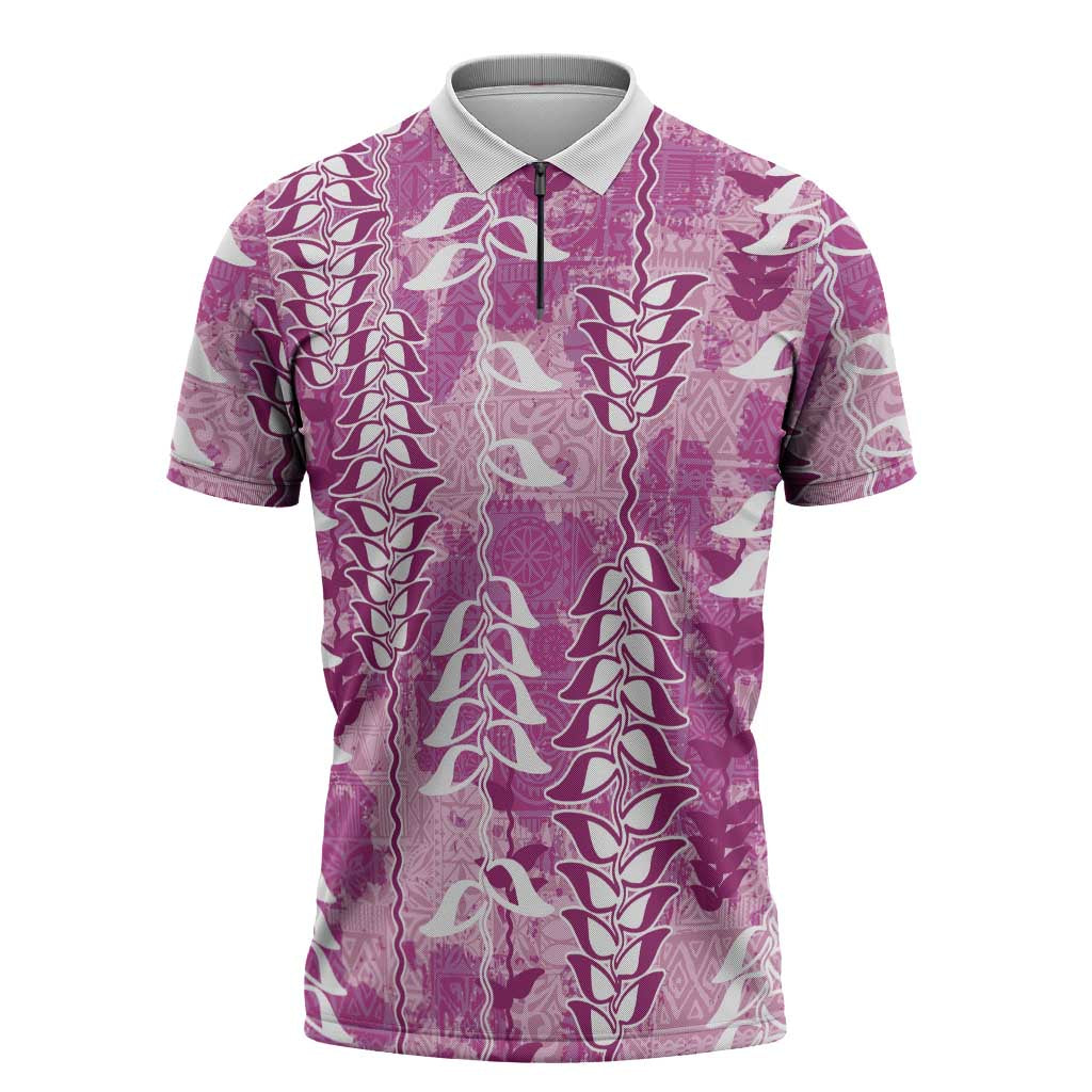 Magenta Hawaii Tapa Pattern Zipper Polo Shirt With Heliconia Vintage Style LT05 Magenta - Polynesian Pride