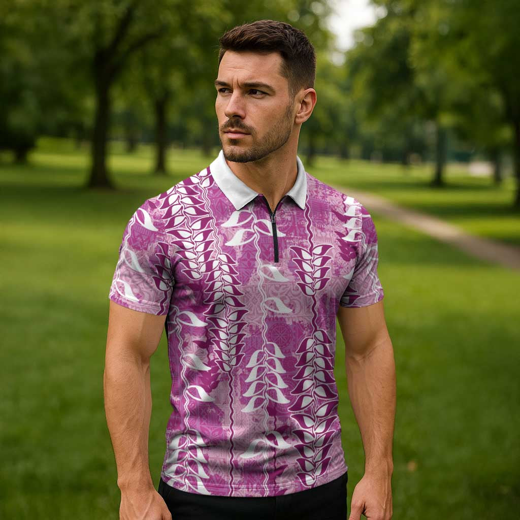 Magenta Hawaii Tapa Pattern Zipper Polo Shirt With Heliconia Vintage Style LT05 - Polynesian Pride